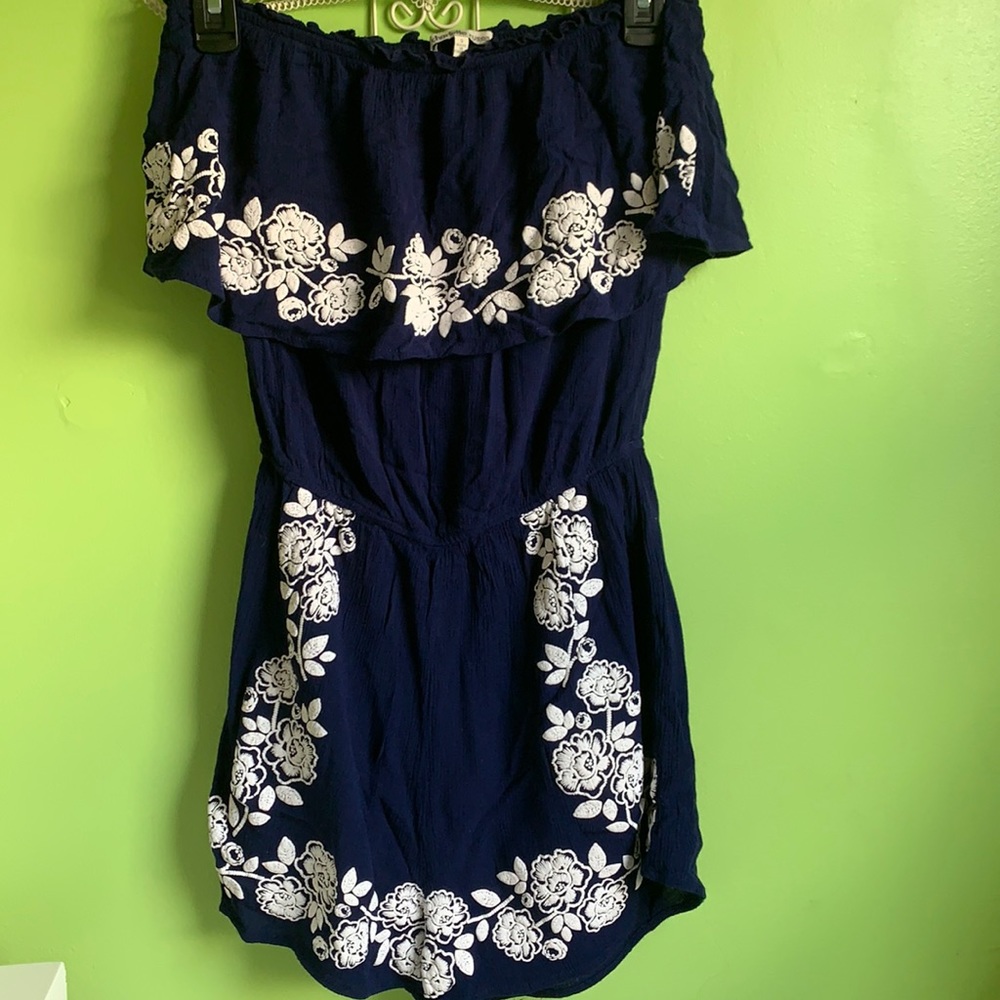 Navy Blue romper with embroidered white flowers